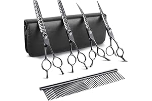 DRGSKL 7" Dog Grooming Scissors Kit Black, Premium Japanese 440C Stainless Steel Straight, Thinning, Curved, Chunker Shears With Steel Comb for Precise Styling