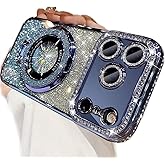 AuroiCCY for iPhone 17 Pro Max Magnetic Kickstand Case, [Compatible with Magsafe] Bling Glitter Diamond Rhinestone Ring Holder Camera Protector for Girls Woman Cute Cover for iPhone 17 Pro Max, Blue