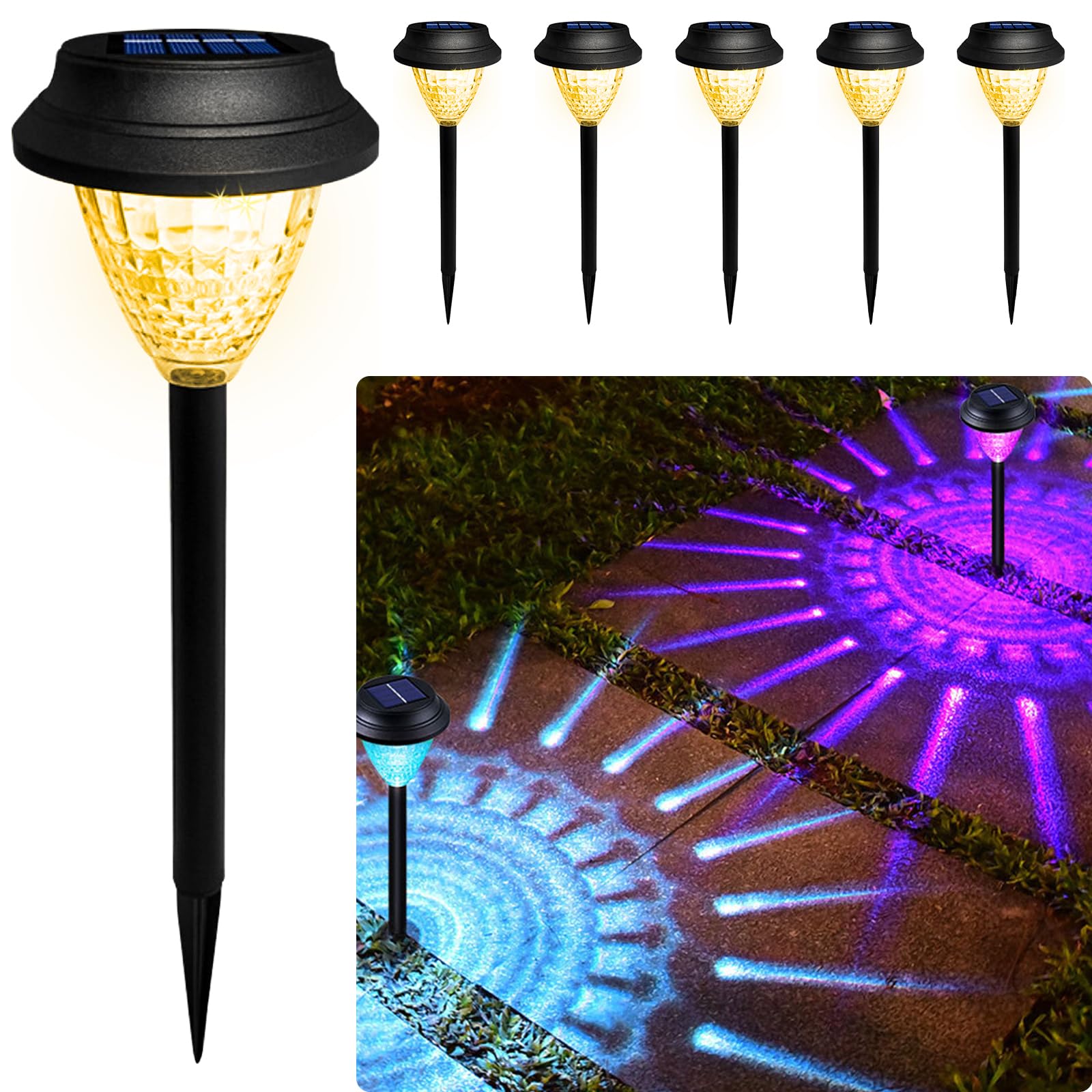 Melofo Solar Pathway Lights 6 Pack Colored Solar Powered Outdoor Lights Metal & Glass Garden Lights IP65 Waterproof for Patio, Yard Lawn, Driveway, Stairs, Party, Holiday Lighting (Warm & Colour)
