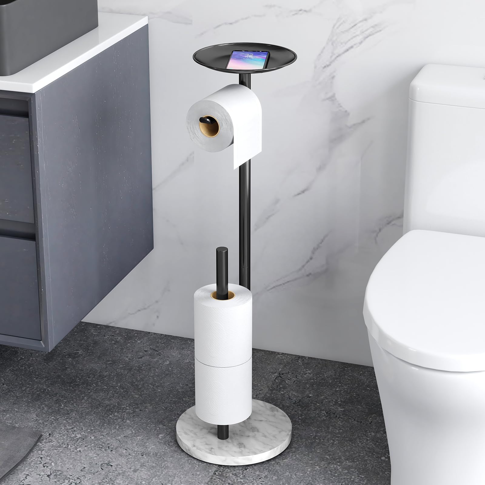 Photo 1 of FEILERN Toilet Paper Holder Stand with Marble Base, Toilet Paper Holder Stand Free Standing with Phone Shelf, Large Capacity Bathroom Toilet Paper Stand Reserve for 4 Rolls (Black)