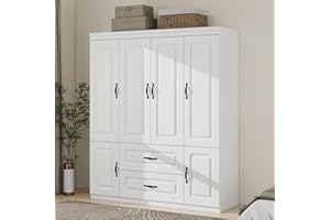 ModMakers Wardrobe Closet with Doors, 4 Doors Bedroom Armoires with Drawers and Hangind Rod, White Wardrobe Cabinet Suit for Bedroom, The Armoire with Large Storage Space(63" W x 20.5" D x 71" H)