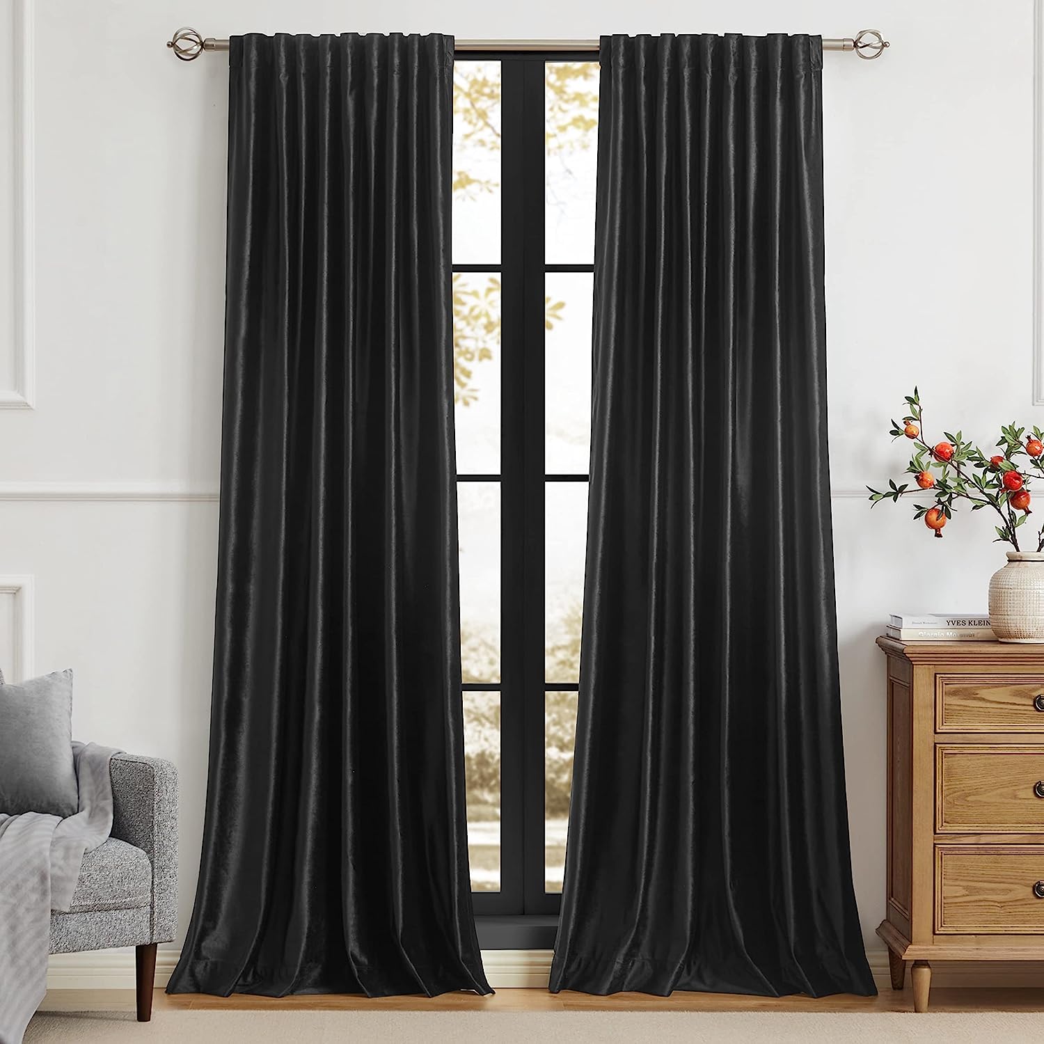Photo 1 of PRIMROSE Black Curtains 90 inch for Living Room Velvet Drapes Blackout Rod Pocket Back Tab Window Treatment Semi Room Darkening Decor Curtains for Bedroom Set of 2 Panels