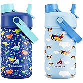 POWCAN 2 Pack 12 oz Kids Insulated Water Bottle for School: Leakproof, 2-in-1 Straw Spout Lid, BPA-Free, Keep Cold 24 Hrs, Stainless Steel Cup for Sports, Travel, Gift for Girls Boys Daughters Sons