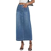 POTILI Long Denim Skirt for Women Stretch Maxi Skirt with Back Slit High Waisted Pencil Jean Skirt with Pockets Casual