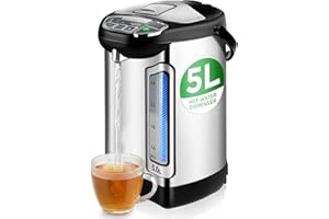 NutriChef Electric Water Boiler and Warmer - 5L/5.28 Qt Stainless Steel Hot Water Dispenser w/Rotating Base, Keep Warm Temperature Set, Auto Shut Off, Safety Lock, Instant Heating for Coffee & Tea