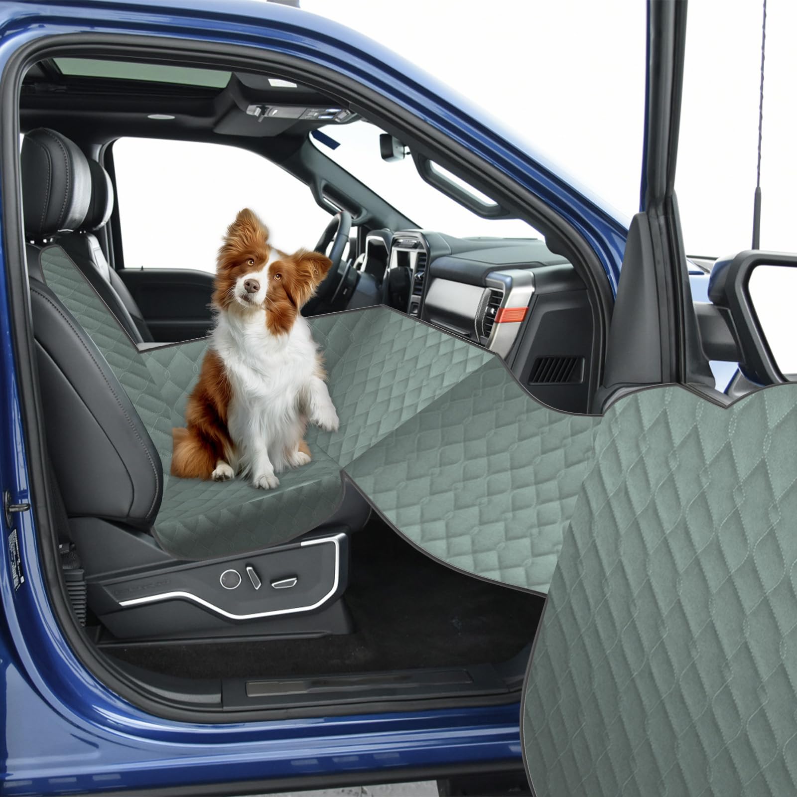 Photo 1 of nuoozy Dog Truck Seat Cover for Front Passenger Side with Dashboard & Door Protector Detachable Washable Pet Seat Travel Hammock Cushion for Pickups (Green Black)