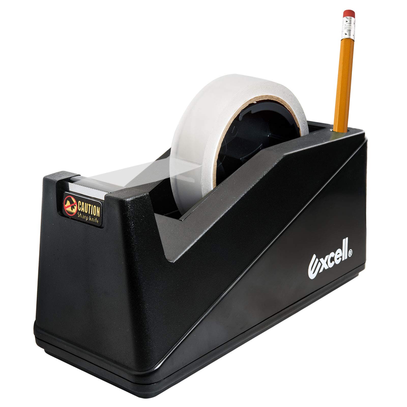 Excell Dual Core Desktop Tape Dispenser with Pen Holder, Fits 1” & 3” Cores (25.4/76.2mm), Sand-Weighted Base for One-Hand Use, Straight-Cut Blade, Non-Skid Pad, Tape Not Included, Black