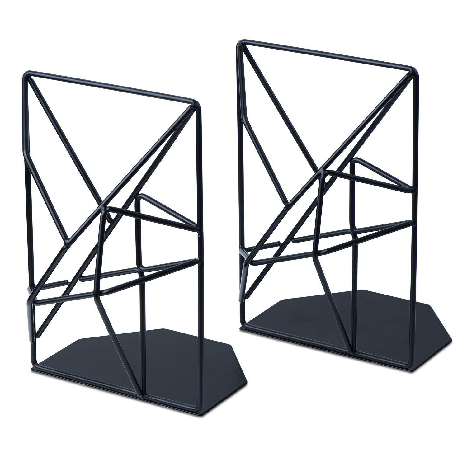 CENPEK 2 Pack Bookends Decorative Metal Book Ends Supports for Shelves Unique Geometric Design Non-Scratching (Black)