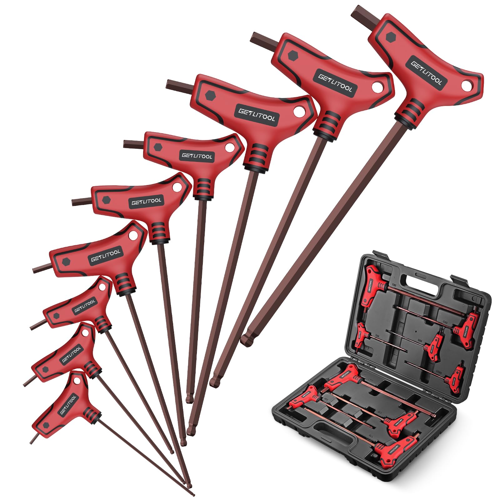GETLITOOL 9PCS T-Handle Allen Wrench Set, S2 Steel Metric T-Handle Allen Key Set 2-10mm, Ball T-Handle Hex Key with Size Marked & Storage Box for Car Repair, Machine Maintenance, Men's Gift