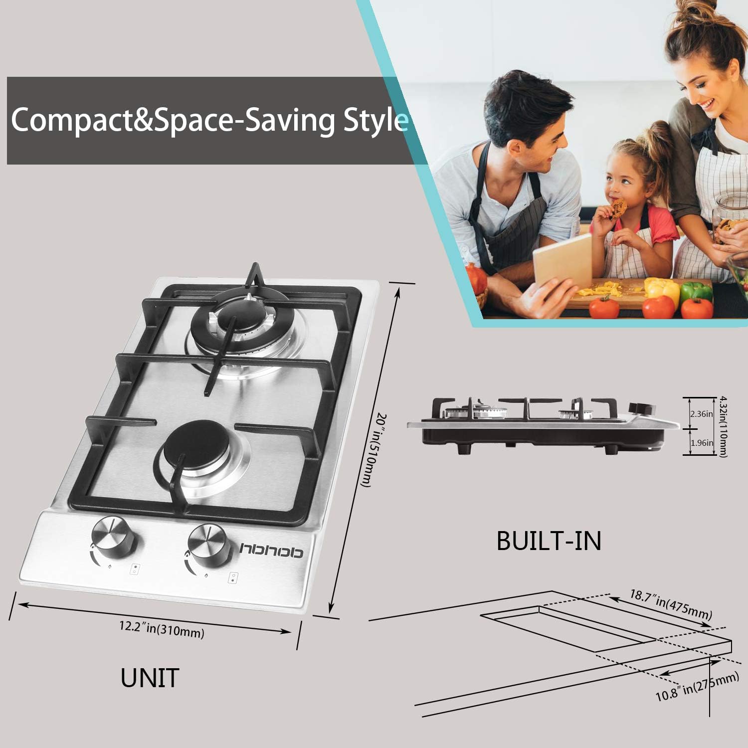 12In Gas Cooktop High Gas Stove Gas Hob Stove Top Rv Stove 2 Burners Gas Range Double Burner Gas Stoves Kitchen High Gas Stove Stainless Steel Built-In Gas HobLPG/NG Dual Fuel Easy to Clean: Kitchen & Dining