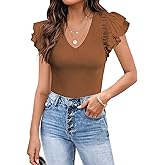 MISSJOY Womens V Neck Ruffle Short Sleeve Ribbed Slimming Basic Bodysuit Leotards Tops Blouses