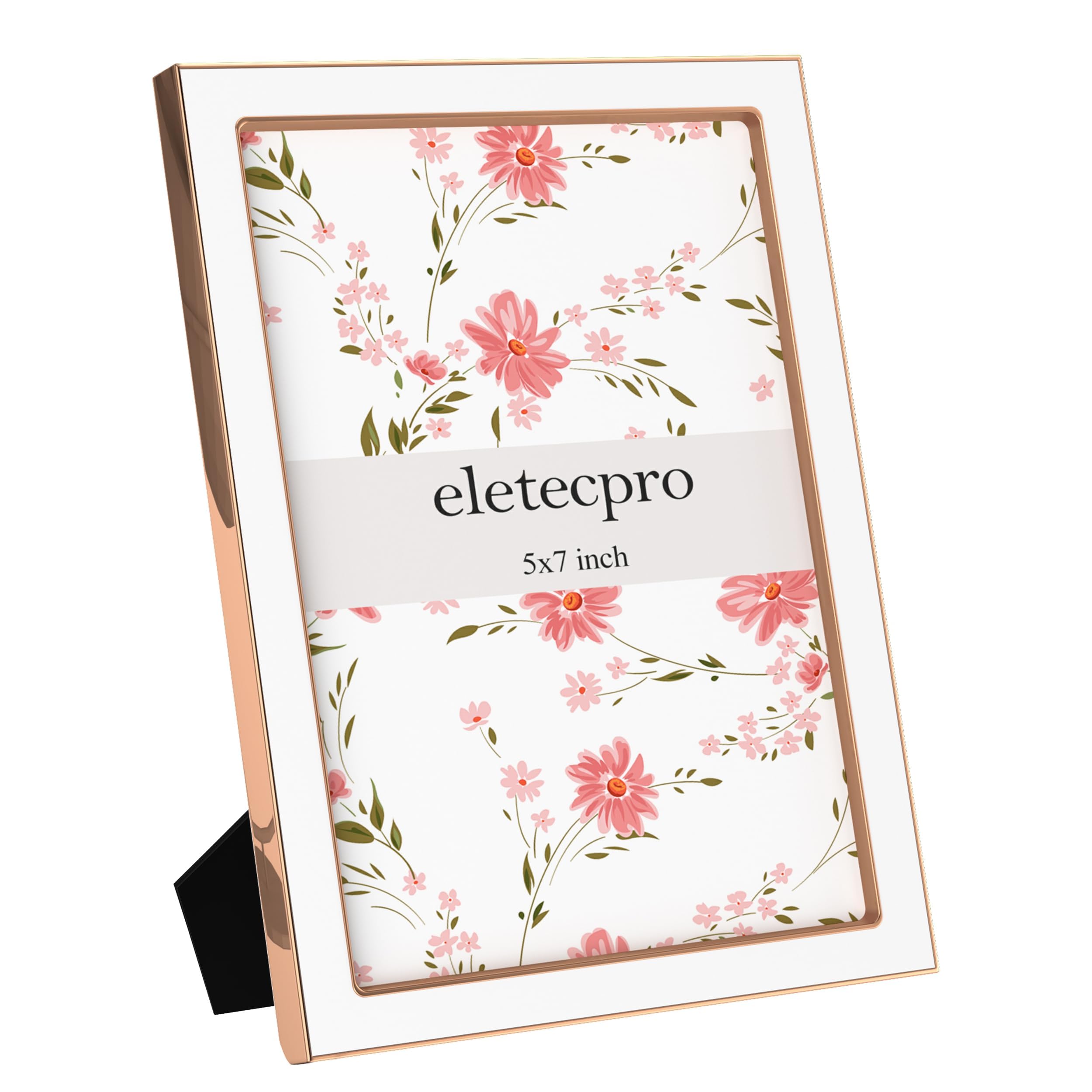 eletecpro 5x7 Enamel Picture Frame with Real Glass Cover, 1 Pack White Photo Frame with Rose Gold Metal Edge, Horizontal and Vertical Display Pictures 5x7 for Tabletop, Bookshelf, Wall Decor