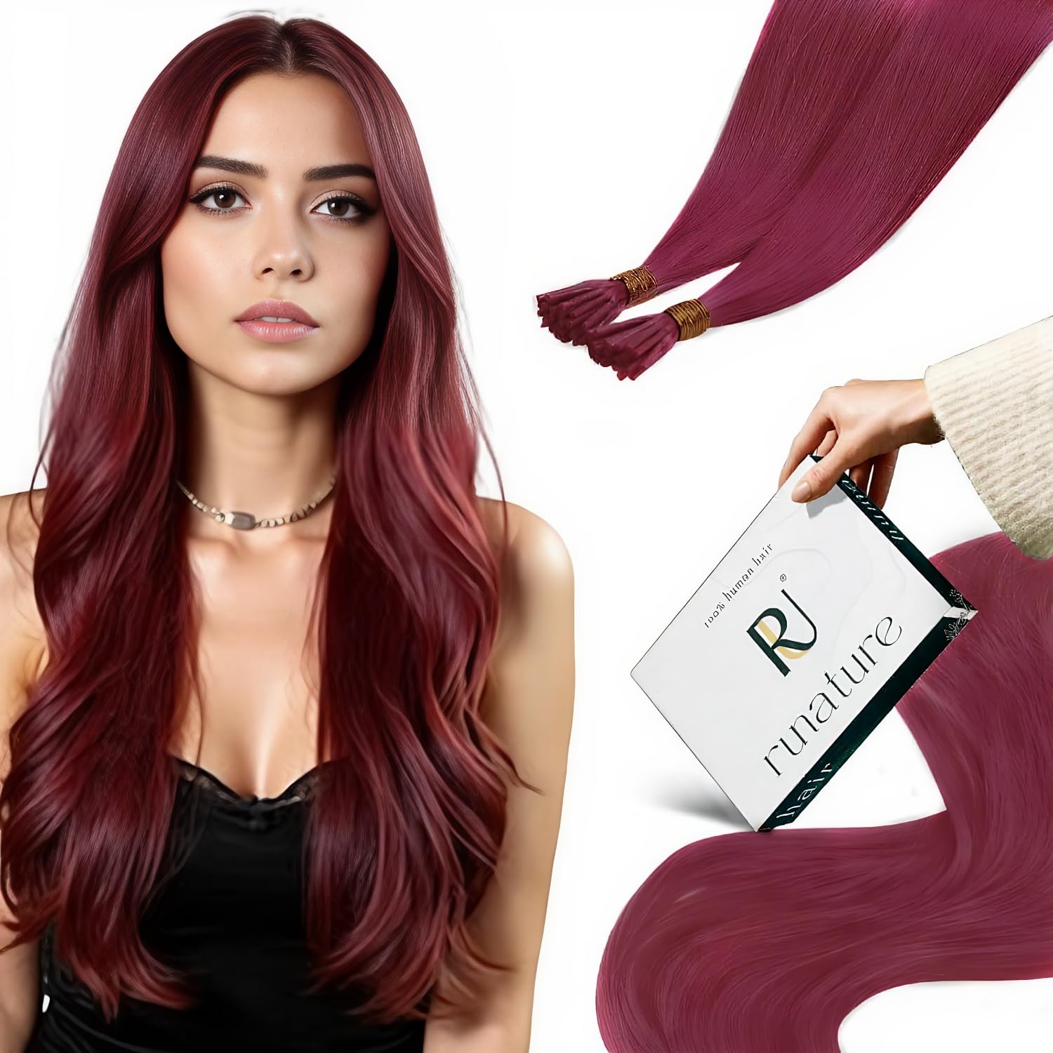 RUNATURE I Tip Hair Extensions Real Human Hair Red Burgundy Stick I Tip Hair Extensions Human Hair Pre Bonded Red Hair 22 Inch 25 Gram — image 1