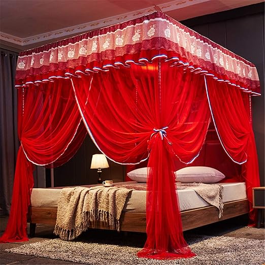 Amazon Com Lotus Karen 4 Corners Post Bed Canopy Gorgeous Lace Bed Curtains For Girls And Ladies 3 Opening Red Mosquito Net Romantic Princess Bedding King Size Home Kitchen