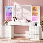 HAUOMS Big Vanity Desk, Fluted Makeup Vanity with Mirror Lights, Dressing Table (White)
