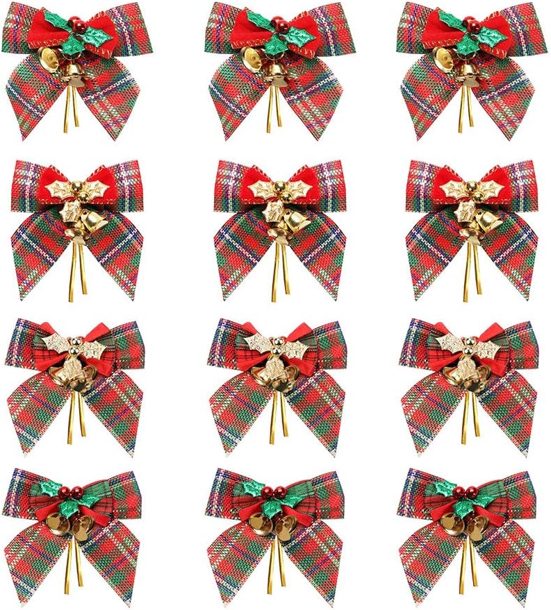 Bows & Ribbons - YBB 12 Pack Christmas Red Green Plaid Tree Bows, Linen Bowknot Wreath Bow with Jingle Bells for Christmas Garland Tree, Crafts, Wrapping, Wreath Xmas Hanging Ornaments Decor
