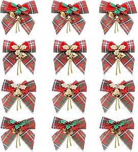 YBB 12 Pack Christmas Red Green Plaid Tree Bows, Linen Bowknot Wreath Bow with Jingle Bells for Christmas Garland Tree, Crafts, Wrapping, Wreath Xmas Hanging Ornaments Decor