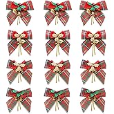 YBB 12 Pack Christmas Red Green Plaid Tree Bows, Linen Bowknot Wreath Bow with Jingle Bells for Christmas Garland Tree, Crafts, Wrapping, Wreath Xmas Hanging Ornaments Decor