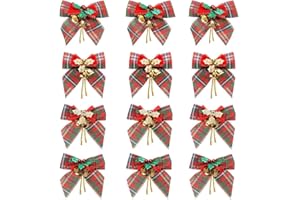 YBB 12 Pack Christmas Red Green Plaid Tree Bows, Linen Bowknot Wreath Bow with Jingle Bells for Christmas Garland Tree, Crafts, Wrapping, Wreath Xmas Hanging Ornaments Decor
