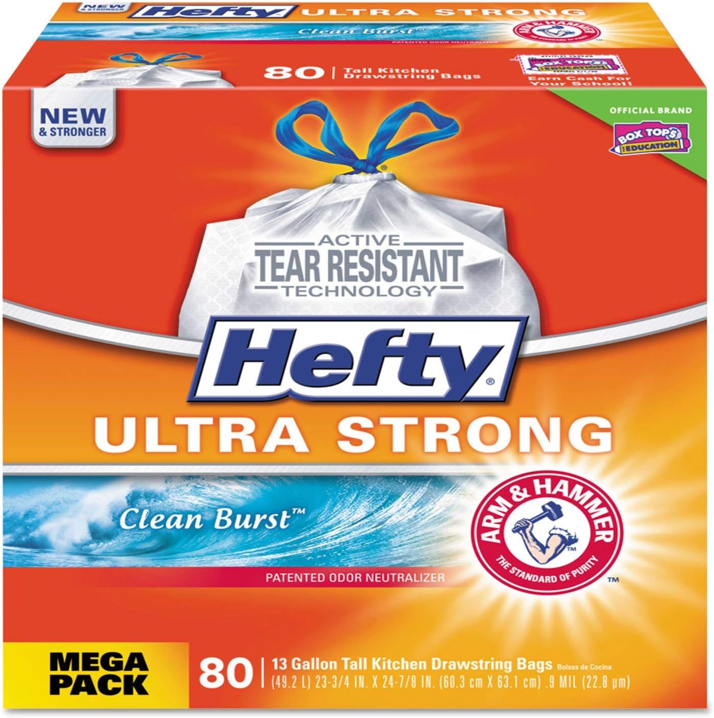 Hefty E84558 Ultra Strong Tall Kitchen Bags, 13gal.9 mil, White, Clean Burst, 80/Box