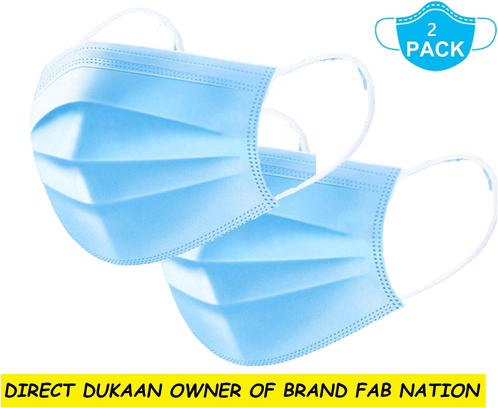 FAB NATION 3 Ply non woven surgical face mask,2 PCS with ear loop,great for air pollution,can be used against diffrent virus protection & personal health blue face mask