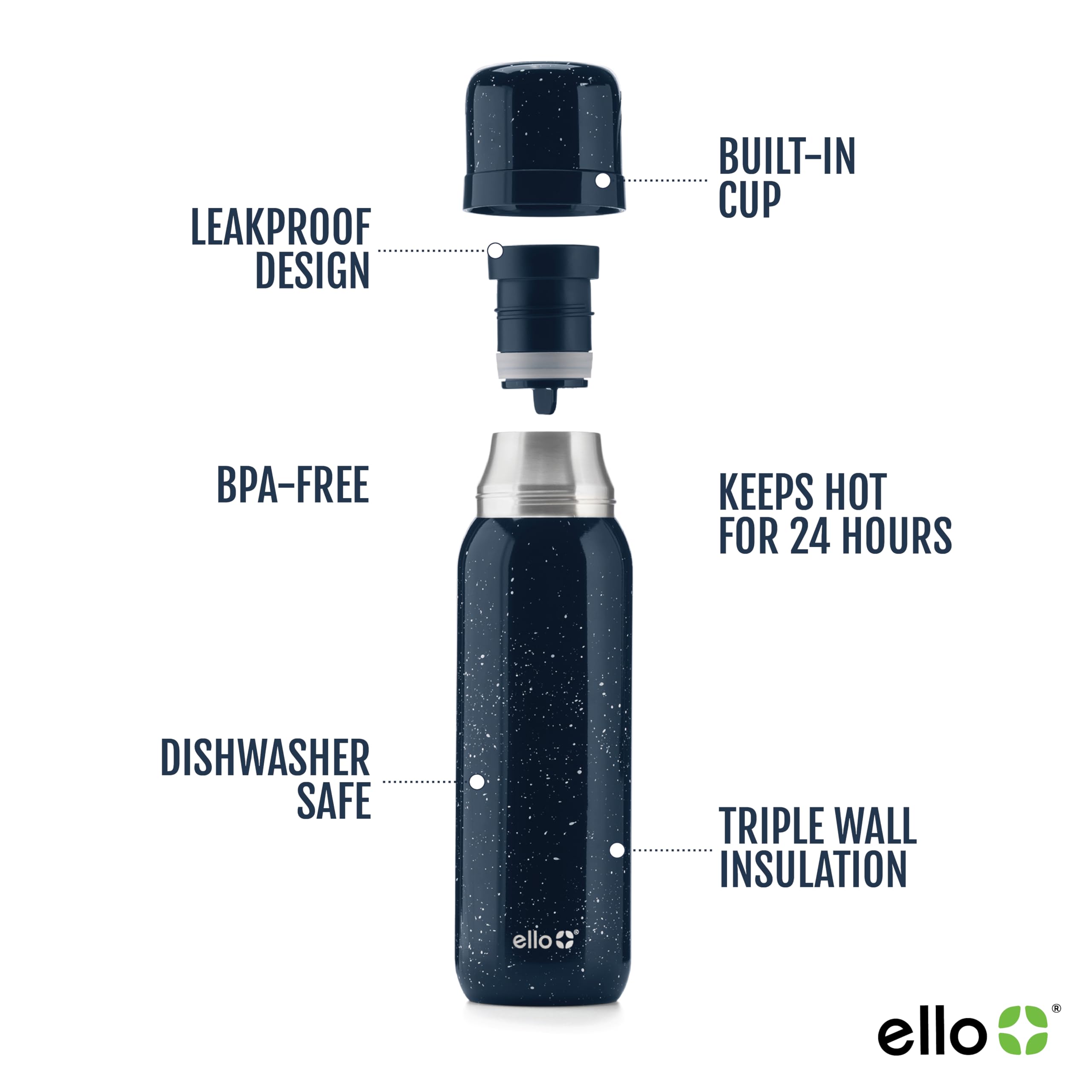 Ello Therma 32oz Insulated Stainless Steel Thermos for Hot & Cold Beverages with Leak Proof Lid & Built-in Cup, Triple Wall Insulation, Hot 24 Hrs, Perfect for Coffee,Tea, Dishwasher Safe, Blue