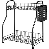 SONGMICS Spice Rack, 2-Tier Bathroom Organizer, Kitchen Counter Shelf with Removable Cutlery Holder, 3 Hooks, for Countertop,