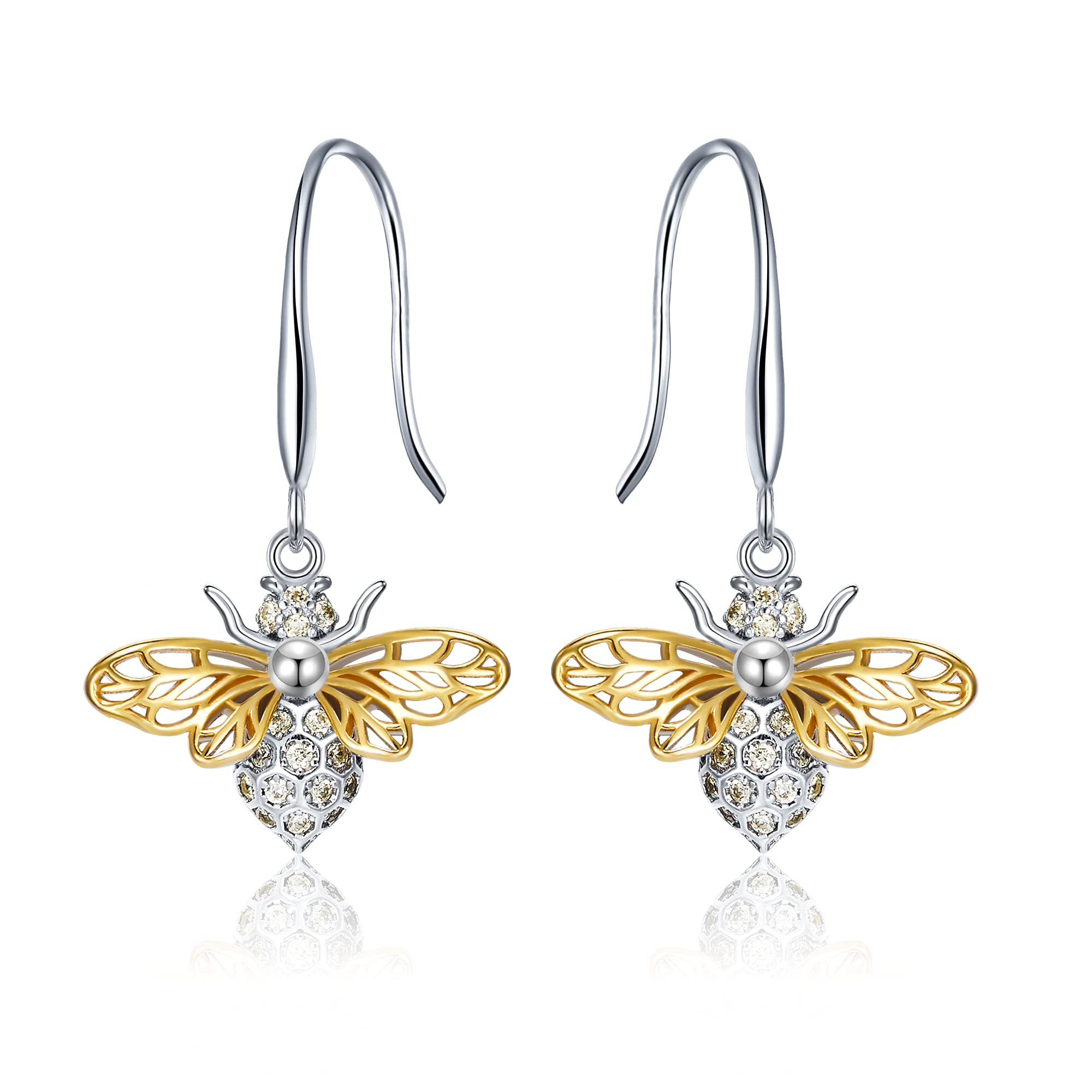 Clearine Bee Earrings 925 Sterling Silver Cubic Zirconia Hollow Animal Bumblebee Hook Jewellery Gifts for Women Girls Yellow Silver-Tone