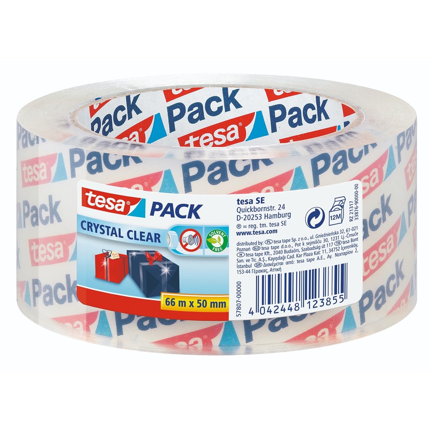 tesapack Crystal Clear Packing Tape for Packaging of Heavy Cartons and Parcels, 66 m x 50 mm