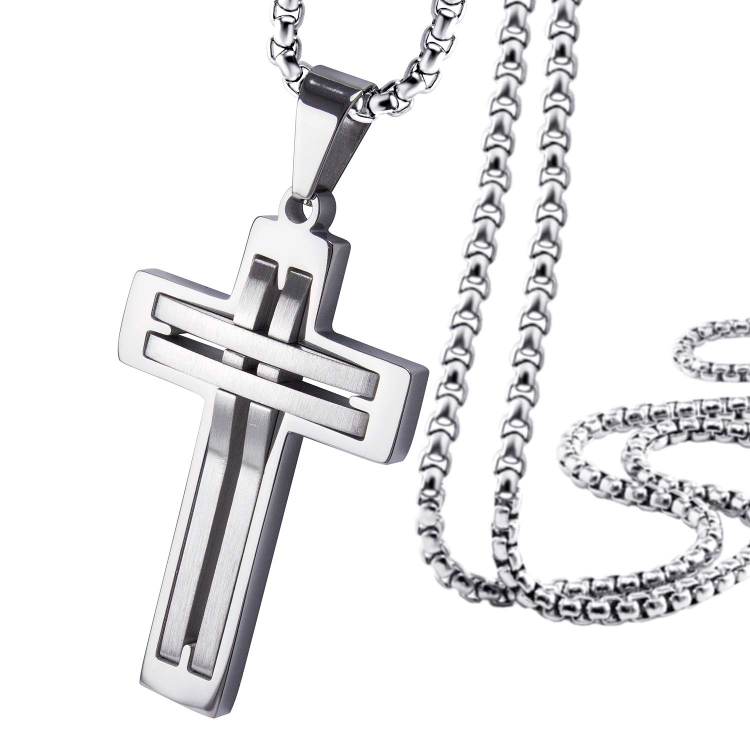 555Jewelry Stainless Steel Cross Necklace for Men, Grooved Half Dome Shape Matte Cross & Polished Border Religious Crucifix Cross Pendant for Men & Women, Silver, 18 Inches Box Chain