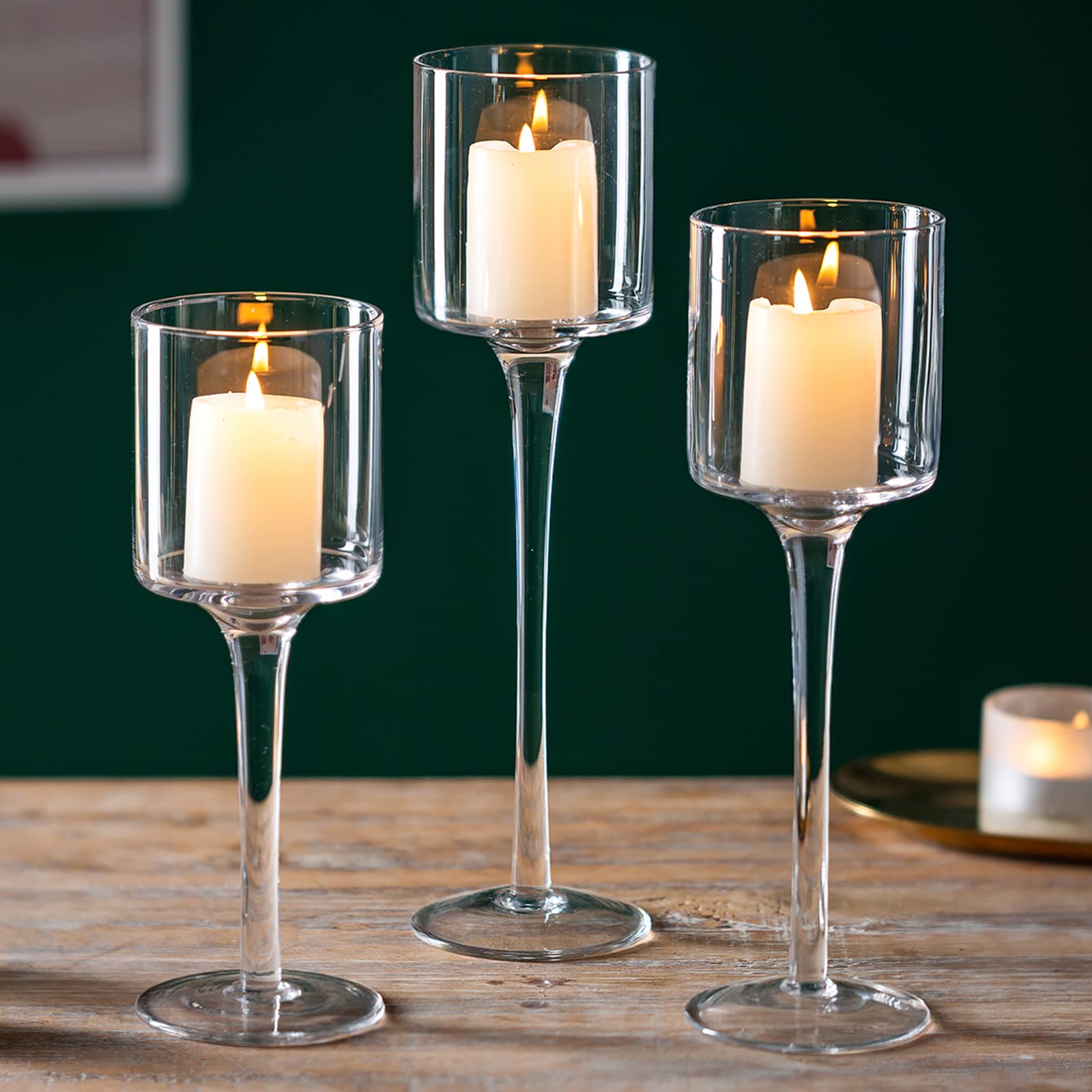 Sziqiqi Clear Glass Tea Light Candle Holders Set of 3, Tall Candle Holder for Floating Candles and Pillar Candles, Elegant Table Centrepieces for Mantelpiece Dining Rooms Wedding Party Christmas