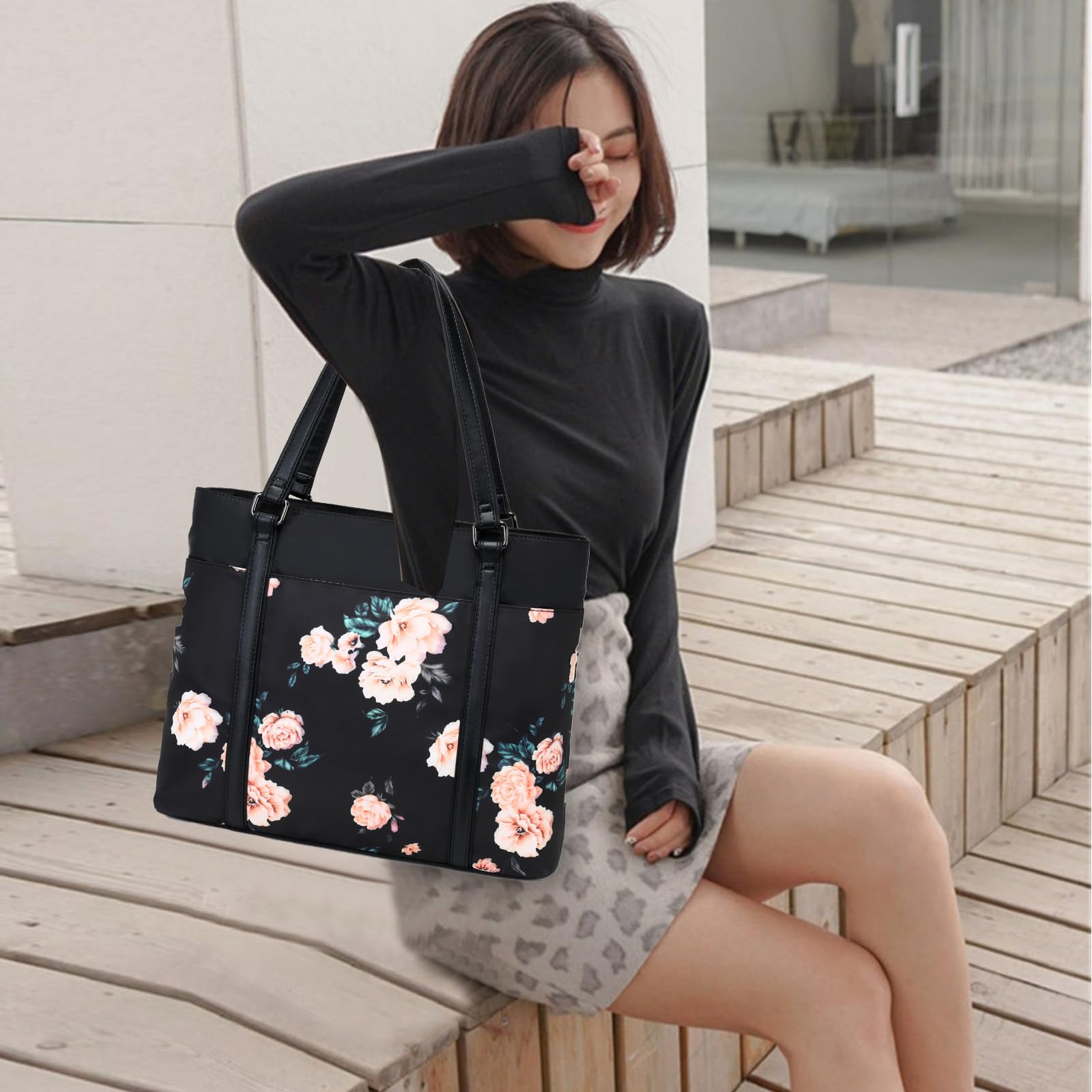 Laptop Tote Bag Womens Work Bags Purse Floral Teacher Handbag Shoulder Bag fit 15.6 in Laptop (Black - Peony Floral)