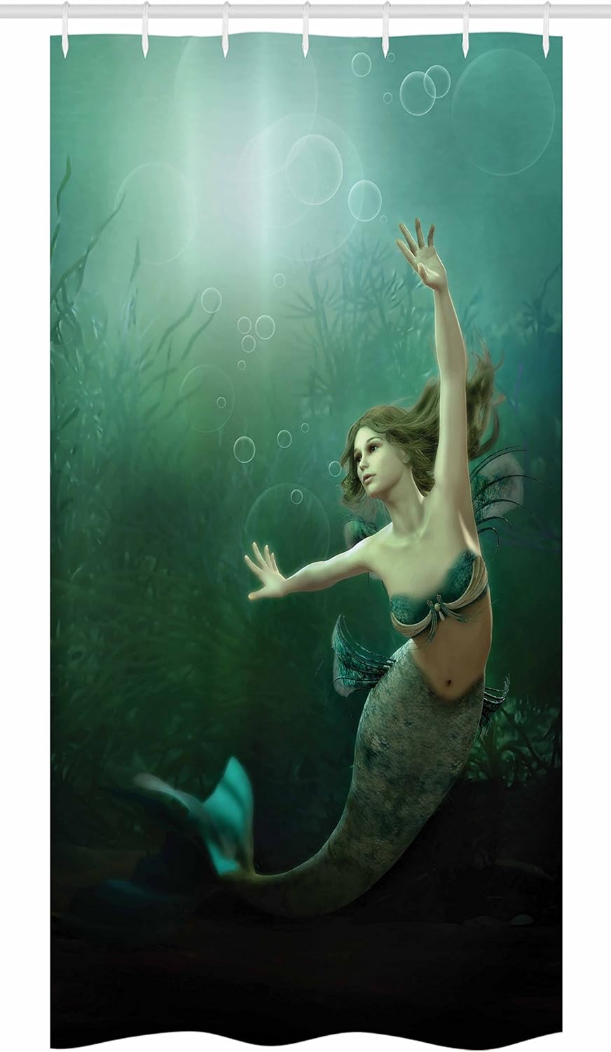 Ambesonne Mermaid Stall Shower Curtain, Computer Graphics of Mermaid Underwater Life Picture Dreamlike Design, Fabric Bathroom Decor Set with Hooks, 36