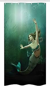 Ambesonne Mermaid Stall Shower Curtain, Computer Graphics of Mermaid Underwater Life Picture Dreamlike Design, Fabric Bathroom Decor Set with Hooks, 36
