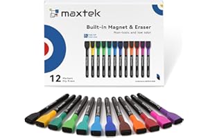 maxtek Magnetic Dry Erase Markers with Eraser, 12 Colors Fine Tip Whiteboard Markers, Low Odor Thin White Board Markers