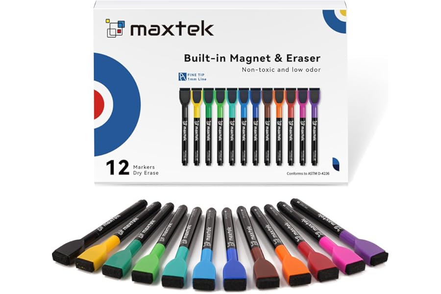 maxtek Magnetic Dry Erase Markers with Eraser - 12 Count Colorful Fine Tip Whiteboard Markers for Kids, Low Odor Whiteboard Markers for Calendar Boards White Board