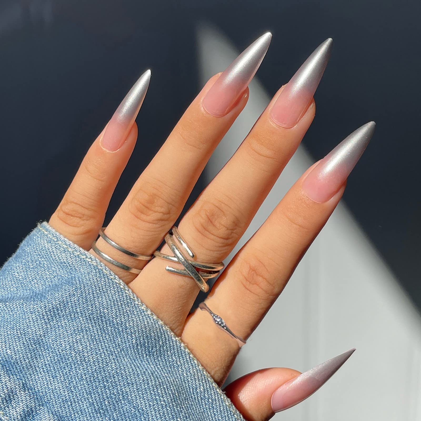 JUSTOTRY 24 Pcs Gradient Stiletto French Tip Press on Nails Long Designs,Glossy Silvery False Nails,Almond Stick on Nails for Women and Teens,Extra Long Fake Nail for Nail Art — image 1
