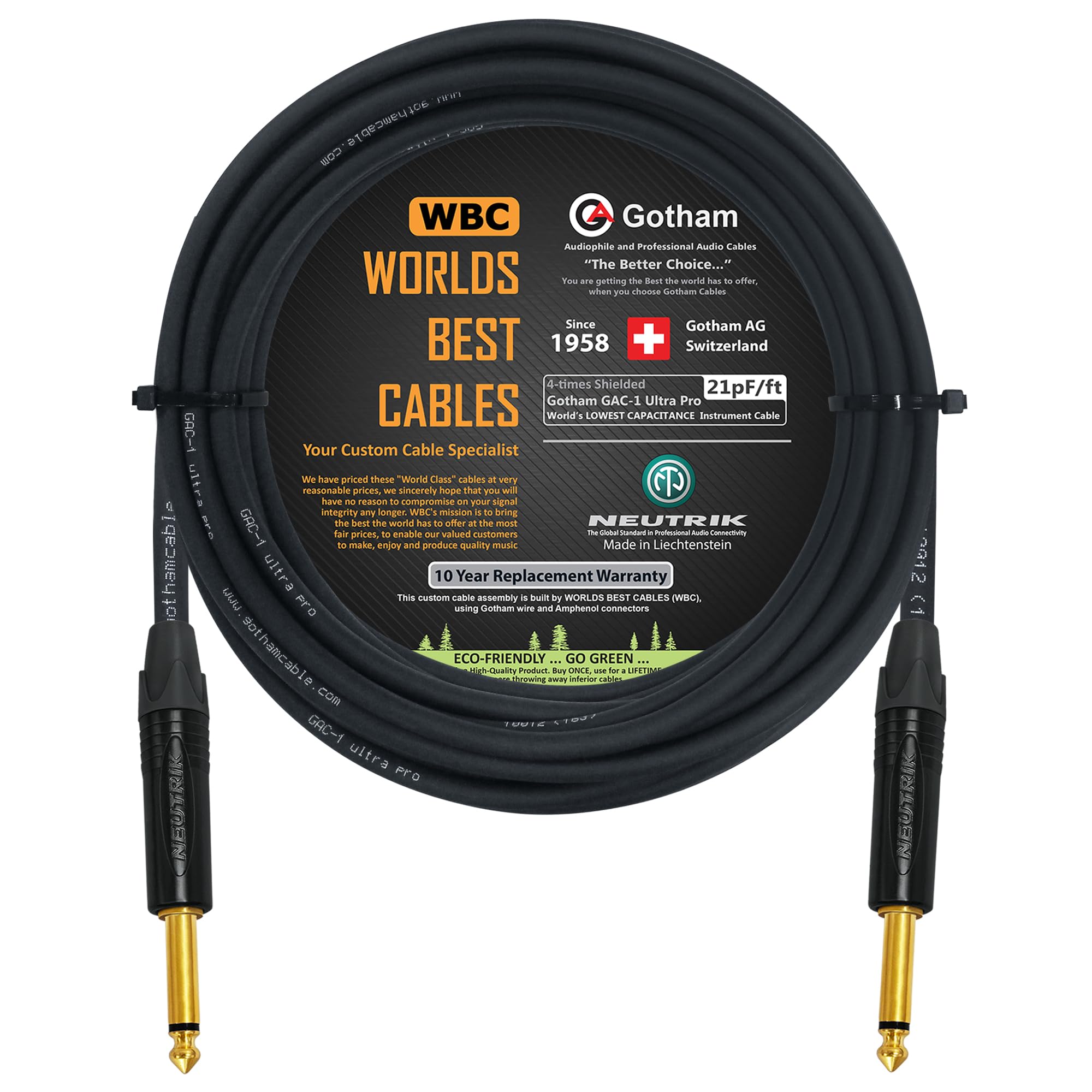 WORLDS BEST CABLES 6 Meter - Gotham GAC-1 Ultra Pro - Premium, Low-Capacitance (21 pf/Ft) Guitar Bass Instrument Cable - with Straight to Straight 6.35mm Neutrik Gold Plated TS Connectors