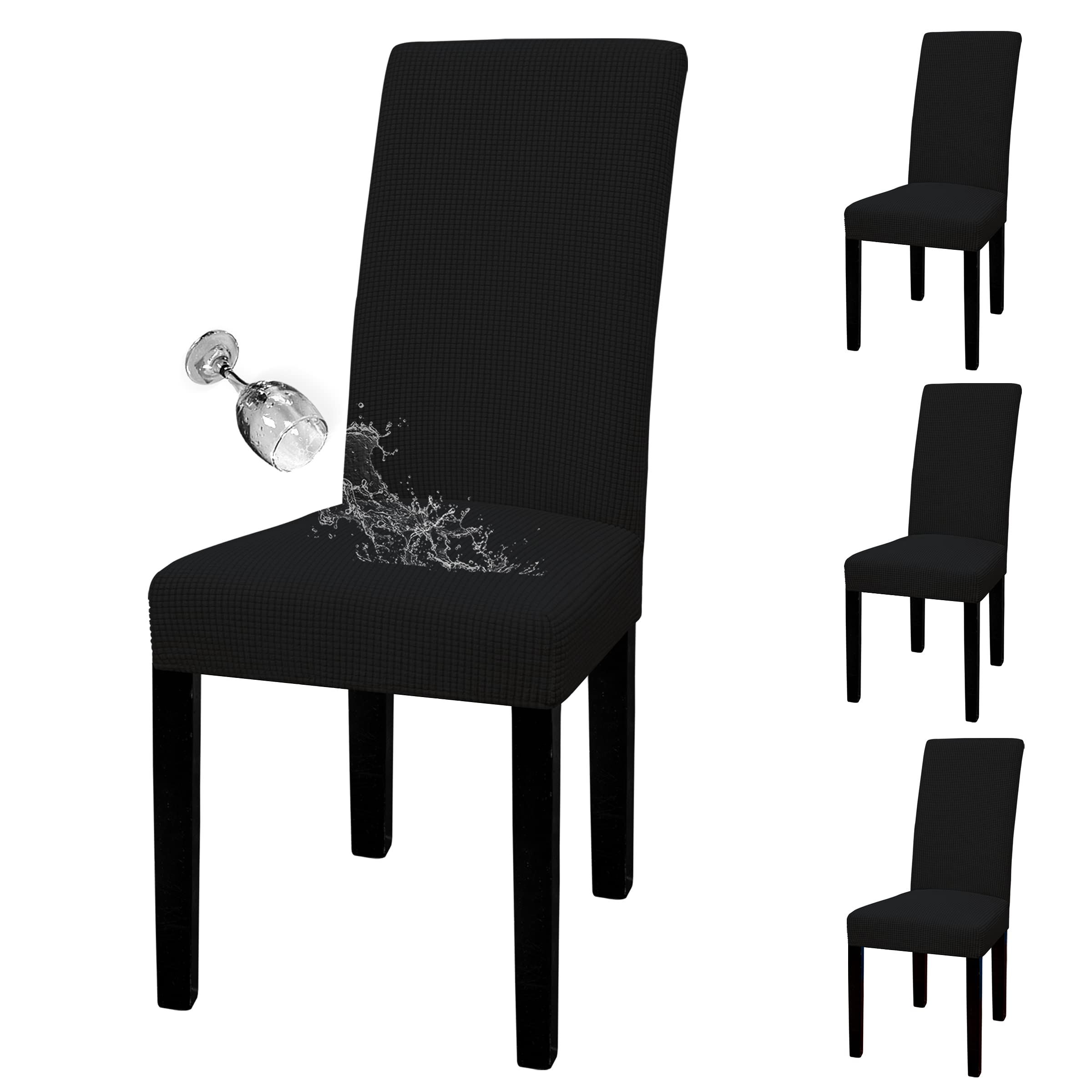 Easy-Going 100% Waterproof Dining Room Chair Cover Set of 4, Stretch Jacquard Parson Chair Slipcover Removable Washable Chair Protector for Home, Restaurant, Banquet (Large, Black)