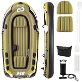 Goplus Inflatable Boat, 3/4 Person Heavy-Duty Fishing Raft Set with Oars, Bolster Seats, Pouch, Rod Holders for Lake River Ponds