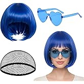 3-Piece Blue Bob Wig and Party Sunglasses Set, Blue Wigs for Women, Colored Wigs for Cosplay, Themed Parties and Daily Fashion, Comfortable and Stylish Blue Wig Bob
