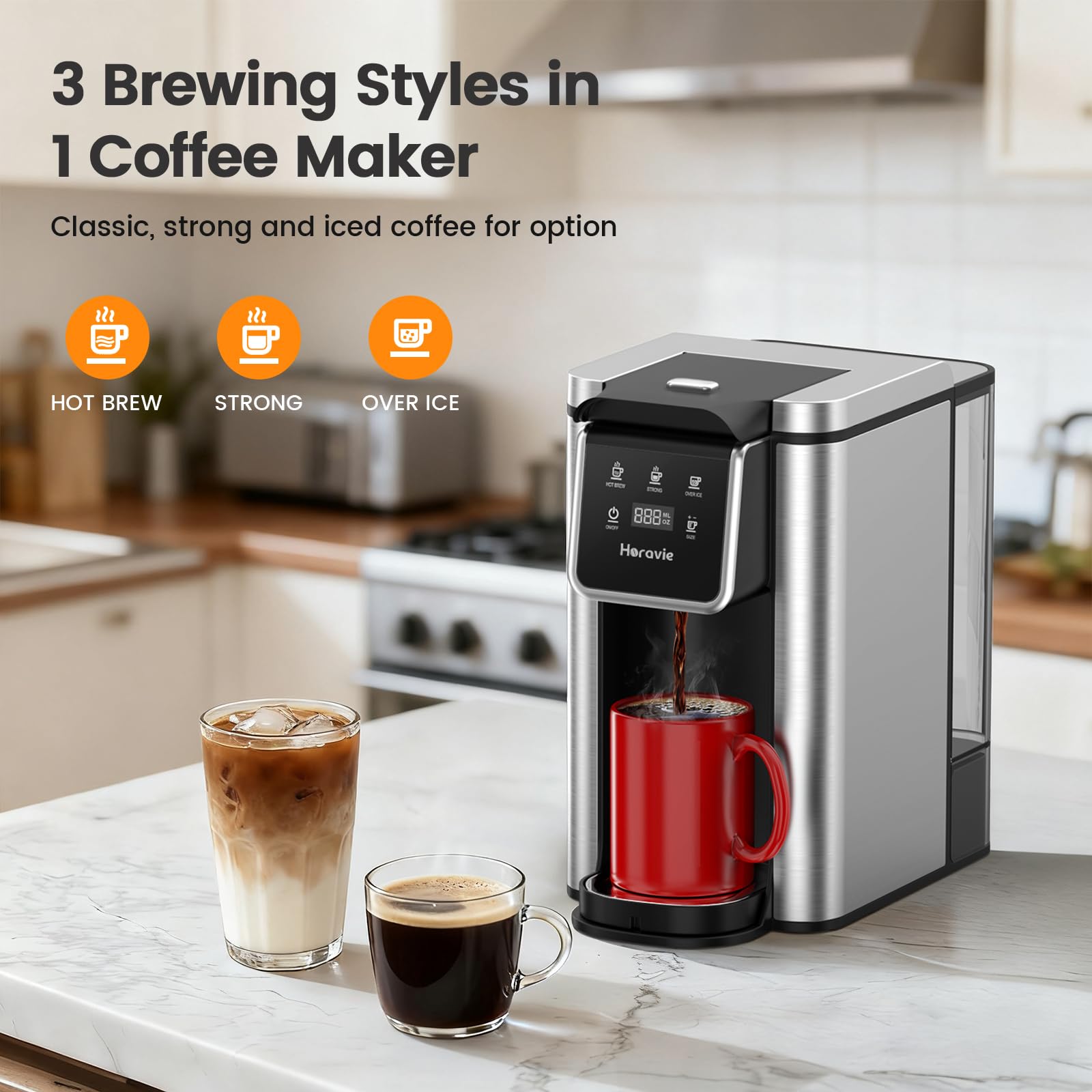Condition photo showing As Is for horavie single serve coffee maker for k-cup pod and ground, hot & iced coffee maker, strong button f