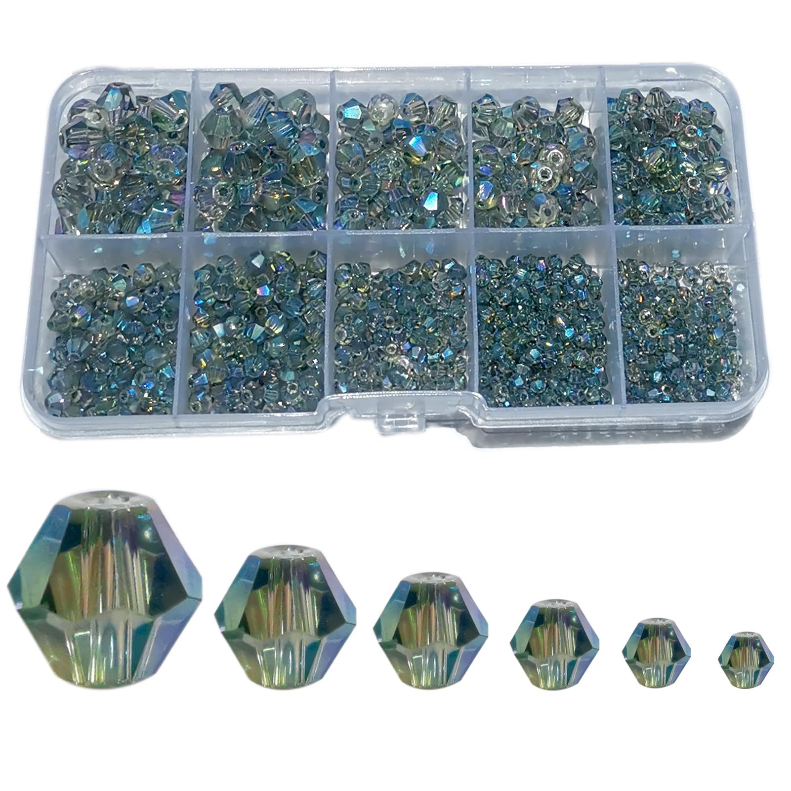 FAPUMOE Blue-Green Crystal Bicone Faceted Glass Beads (900 Pieces, 2/3/4/5/6/8mm) with AB Color Assorted Spacer Loose Beads for Crafts Jewelry Making
