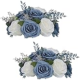 NUPTIO Flower Ball Centerpieces for Tables: Dusty Blue & White Artificial Rose Fake Floral Arrangement for Wedding Party Centerpiece Decorations 9.4 Inch Diameter 2 Pcs