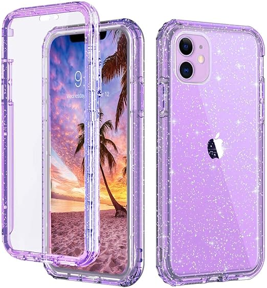 Amazon Com Mieziba For Iphone 11 Case Built In Screen Protector Glitter Clear Sparkly Dual Layer Shockproof Hybrid Full Body Protective Case For Apple Iphone 11 6 1 Inch Purple Glitter