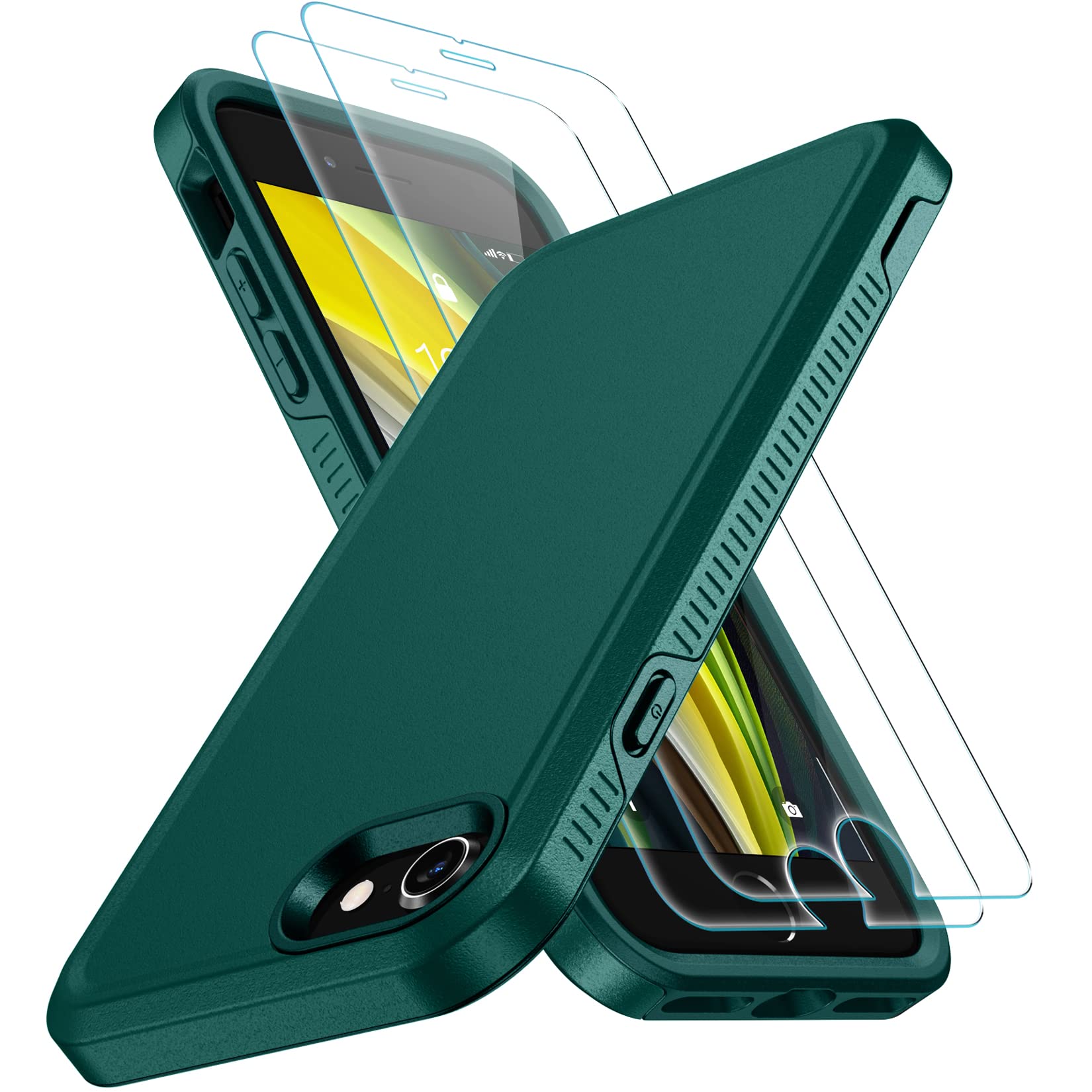 Photo 1 of xiwxi for iPhone SE Case 2022/3rd/2020,iPhone 8/7 Case,with [2xTempered Glass Screen Protector] [ 360 Full Body Shockproof ] [Heavy Dropproof],Hard PC+Soft Silicone TPU+Glass Screen Phone case-MGGreen