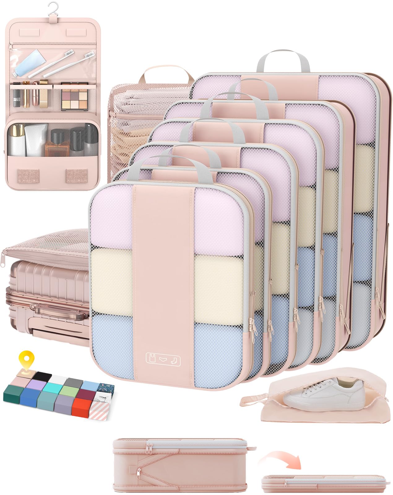 Photo 1 of 10 Set Compression Packing Cubes for Travel Gifts Women Mom,OlarHike Luggage Clothes Organizer for Travelers,Airplane/Cruise/Car/Train Travel Essentials,Compressible Expandable Saver Space Bags(Beige)