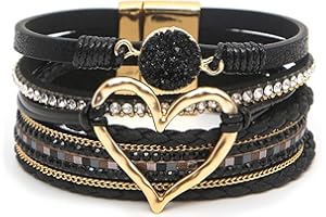 GZJINYUAN Leather Wrap Bracelet for Women, Boho Cuff Bracelet with Strong Clasp, Multi-Layer Crystal Leather Bracelet