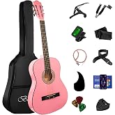 BESYOU 38 Inches Pink Beginner Acoustic Guitar Basic Starter Kit All In One | 3/4 Wood Acustica Guitarra for Adult Student Kids with Tuner Gig Bag Capo Strings Winders Strap Picks Pickguard Online Lesson