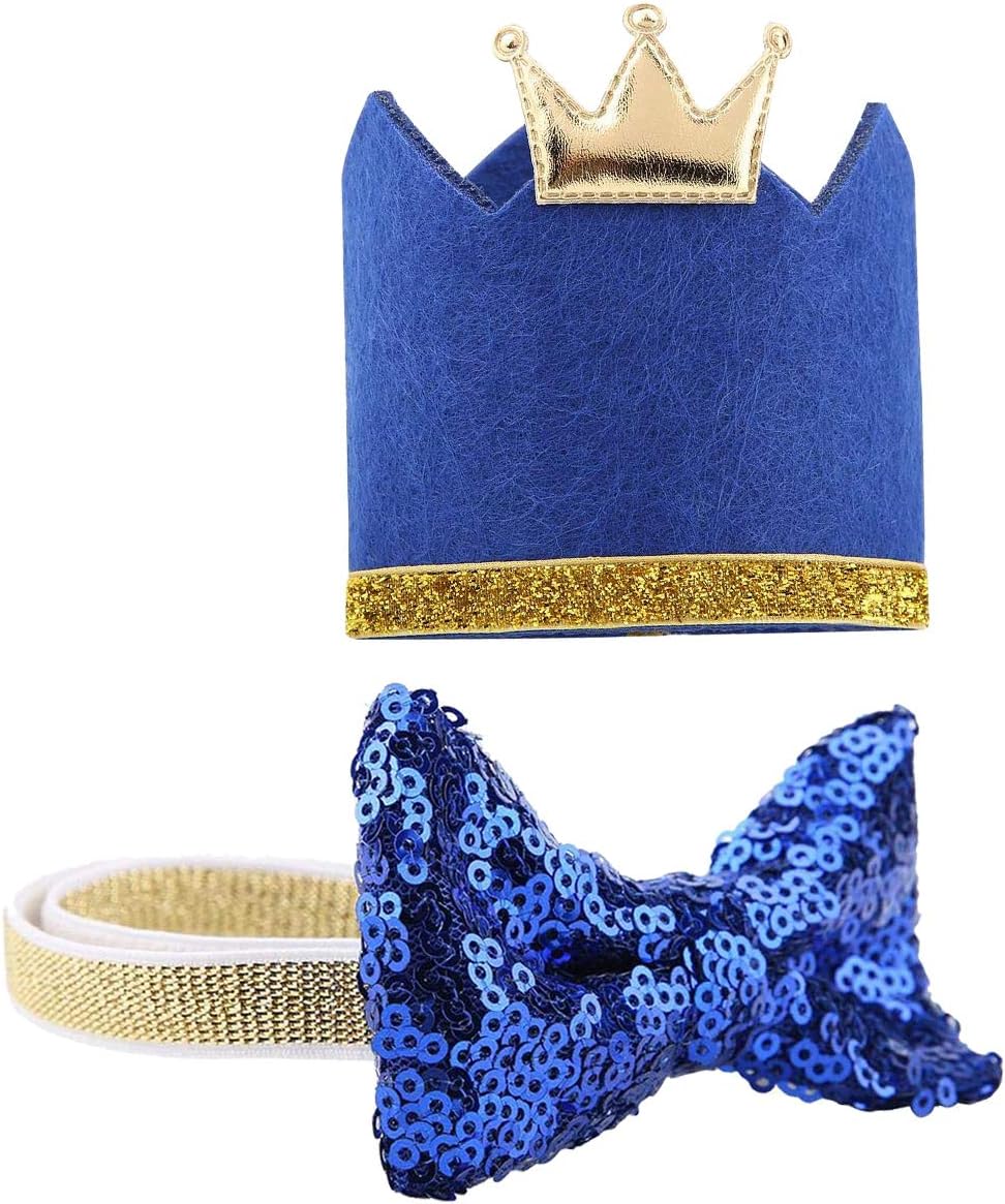 ASOCEA Pet Crown Hat Blingbling Bow tie Collar Dog Birthday Party Supplies for Small Medium Dogs Cats Kitten Puppy - Blue